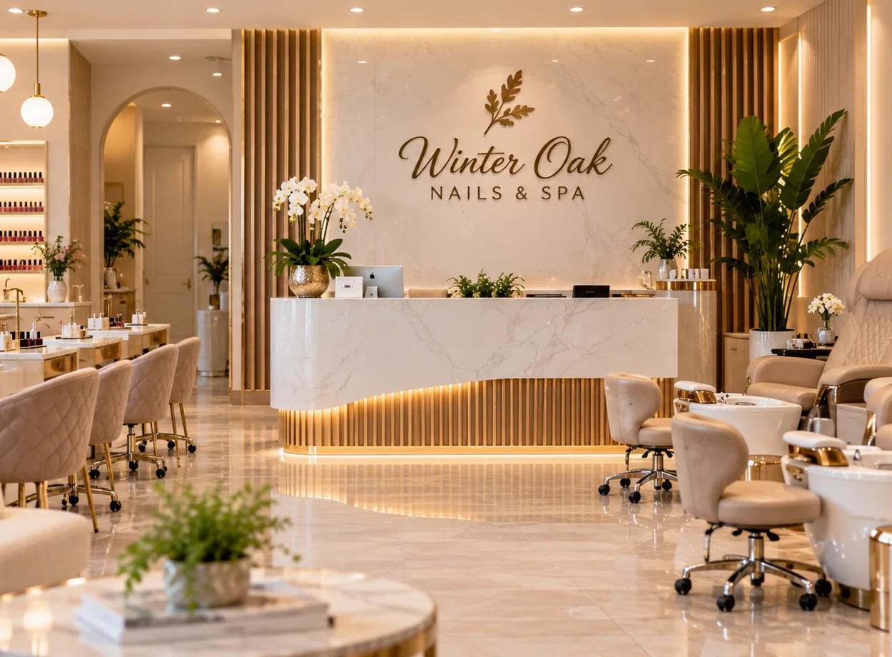 Serene salon reception and pedicure stations
